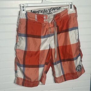 American Eagle Outfitters Orange Plaid Long Board Shorts Size Small